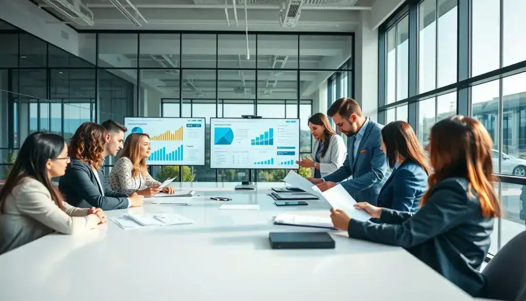 A professional office environment showcasing a team involved in the claims assessment process. In the foreground, diverse professionals in business attire are gathered around a large conference table, reviewing documents and discussing claims data. The middle ground features digital screens displaying graphs and charts related to compensation analysis. In the background, a modern office with glass windows allows natural light to illuminate the scene, creating a bright and focused atmosphere. The lighting is soft yet vibrant, highlighting the intensity of collaboration. The angle is slightly elevated, offering a comprehensive view of the workspace, emphasizing teamwork and professionalism in handling claims procedures. The overall mood is dynamic and purpose-driven, reflecting diligent efforts in establishing compensation frameworks.