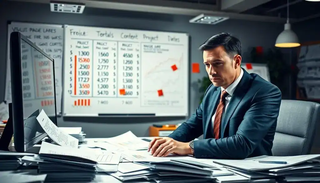 A professional office scene depicting the concept of "lack of budget verification." In the foreground, a stressed project manager in business attire sits at a desk cluttered with incomplete financial reports and charts, furrowing their brow in concentration. In the middle ground, a large computer screen displays mismatched numbers and red flags, symbolizing budgetary conflicts. Behind, a large whiteboard filled with unverified project plans and sketches hints at confusion and uncertainty. The lighting is bright and harsh, illuminating the chaos of the workspace, creating a sense of urgency. The overall atmosphere is tense and serious, emphasizing the potential consequences of neglecting budget analysis and verification.