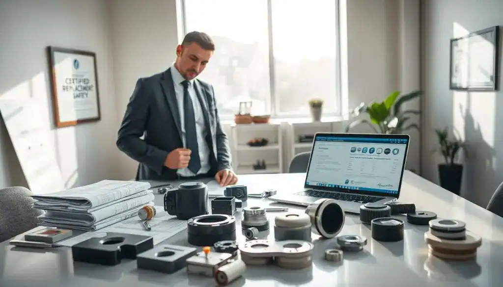 A professional office setting that conveys quality and safety in product selection. In the foreground, a confident business professional, dressed in smart attire, is examining a variety of certified replacement parts on a sleek table. The middle ground features neatly organized documents, blueprints, and a laptop displaying technical specifications. The background shows a large window with daylight flooding the room, casting soft shadows. Subtle touches like a certificate of quality and safety hanging on the wall enhance the theme. The atmosphere is filled with a sense of diligence and responsibility, emphasizing the importance of best practices in choosing replacements. Soft focus on the background, sharp detail on the subjects in the foreground, captured using a wide-angle lens for depth. A professional office setting that conveys quality and safety in product selection. In the foreground, a confident business professional, dressed in smart attire, is examining a variety of certified replacement parts on a sleek table. The middle ground features neatly organized documents, blueprints, and a laptop displaying technical specifications. The background shows a large window with daylight flooding the room, casting soft shadows. Subtle touches like a certificate of quality and safety hanging on the wall enhance the theme. The atmosphere is filled with a sense of diligence and responsibility, emphasizing the importance of best practices in choosing replacements. Soft focus on the background, sharp detail on the subjects in the foreground, captured using a wide-angle lens for depth.