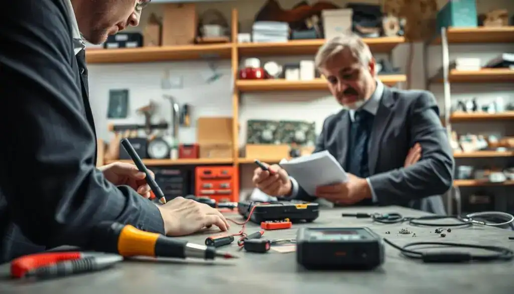 A professional repair service scene illustrating the process of applying for repairs, with a technician in smart business attire examining a broken device on a workbench. In the foreground, tools like a screwdriver and a multimeter are neatly arranged. The middle ground features the technician actively discussing the repair options with a customer, who appears attentive and concerned. In the background, shelves filled with various repair supplies and spare parts add depth. Soft, natural lighting illuminates the scene, creating a warm and inviting atmosphere. The angle is slightly elevated, capturing both faces and the interaction, emphasizing professionalism and customer care. The overall mood is focused and collaborative, reflecting a commitment to quality service. A professional repair service scene illustrating the process of applying for repairs, with a technician in smart business attire examining a broken device on a workbench. In the foreground, tools like a screwdriver and a multimeter are neatly arranged. The middle ground features the technician actively discussing the repair options with a customer, who appears attentive and concerned. In the background, shelves filled with various repair supplies and spare parts add depth. Soft, natural lighting illuminates the scene, creating a warm and inviting atmosphere. The angle is slightly elevated, capturing both faces and the interaction, emphasizing professionalism and customer care. The overall mood is focused and collaborative, reflecting a commitment to quality service.