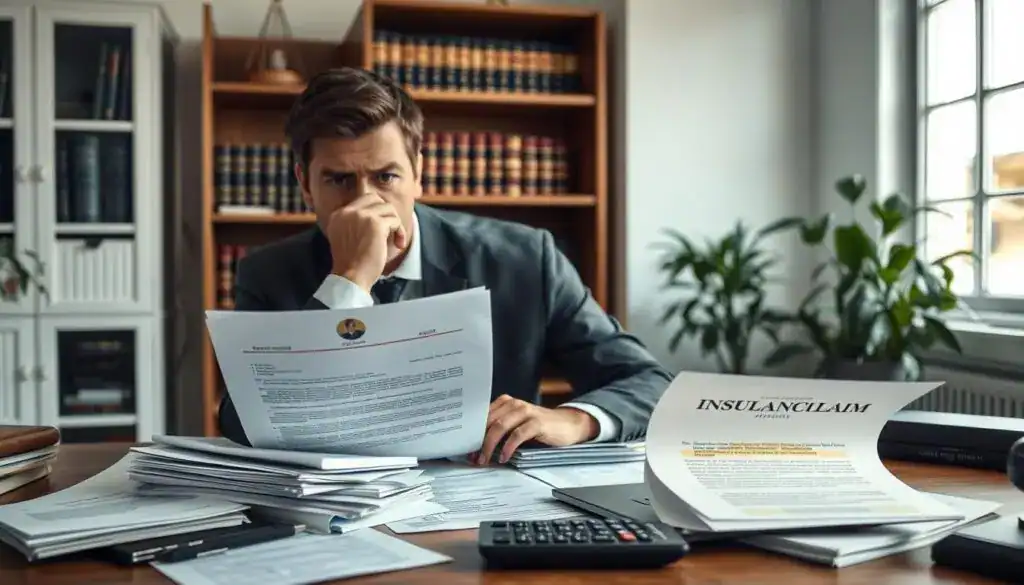 A professional setting depicting a concerned person sitting at a desk, reviewing a stack of documents related to an insurance claim. The individual is dressed in a professional attire, looking anxious and focused, as they assess their options following a denial of compensation. In the foreground, the desk is cluttered with papers, a laptop open displaying an email, and a calculator. In the middle ground, there's a window with soft natural light filtering in, enhancing the tense atmosphere. The background shows a bookshelf filled with legal books and a potted plant for a touch of calm. The mood is one of determination and reflection, capturing the essence of dealing with adversity. The angle is slightly overhead, providing a comprehensive view of the scene. A professional setting depicting a concerned person sitting at a desk, reviewing a stack of documents related to an insurance claim. The individual is dressed in a professional attire, looking anxious and focused, as they assess their options following a denial of compensation. In the foreground, the desk is cluttered with papers, a laptop open displaying an email, and a calculator. In the middle ground, there's a window with soft natural light filtering in, enhancing the tense atmosphere. The background shows a bookshelf filled with legal books and a potted plant for a touch of calm. The mood is one of determination and reflection, capturing the essence of dealing with adversity. The angle is slightly overhead, providing a comprehensive view of the scene.