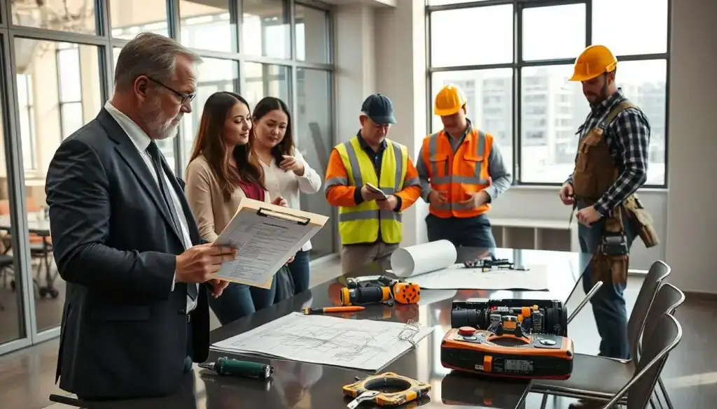 A professional setting depicting a diverse group of skilled workers engaged in a collaborative discussion about damage repair. In the foreground, a middle-aged man in a business suit is reviewing a detailed project proposal on a clipboard, while a young woman in smart casual attire is pointing at highlighted sections. To the side, a skilled technician with a tool belt examines equipment that will be used for repairs. The middle ground features a sleek conference table cluttered with blueprints and tools, suggesting active planning. In the background, large windows allow natural light to flood the room, emphasizing a sense of clarity and focus. The overall mood is one of professionalism, teamwork, and competence, inviting viewers to consider the importance of selecting the right experts for repair work.