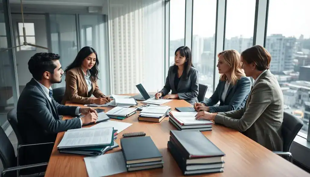 A professional setting depicting a modern legal office in Germany focused on damage compensation. In the foreground, a diverse group of three individuals in formal business attire is engaged in a discussion over legal documents and case files about damage claims. The middle ground features a large wooden conference table cluttered with papers, law books, and laptops, while a large window in the background offers a view of a bustling cityscape. Soft, natural lighting fills the room, creating a bright and serious atmosphere, with the focus on the engaged expressions of the group. The image portrays a sense of professionalism and urgency, emphasizing the importance of achieving a "return to the state before the accident." A professional setting depicting a modern legal office in Germany focused on damage compensation. In the foreground, a diverse group of three individuals in formal business attire is engaged in a discussion over legal documents and case files about damage claims. The middle ground features a large wooden conference table cluttered with papers, law books, and laptops, while a large window in the background offers a view of a bustling cityscape. Soft, natural lighting fills the room, creating a bright and serious atmosphere, with the focus on the engaged expressions of the group. The image portrays a sense of professionalism and urgency, emphasizing the importance of achieving a "return to the state before the accident."