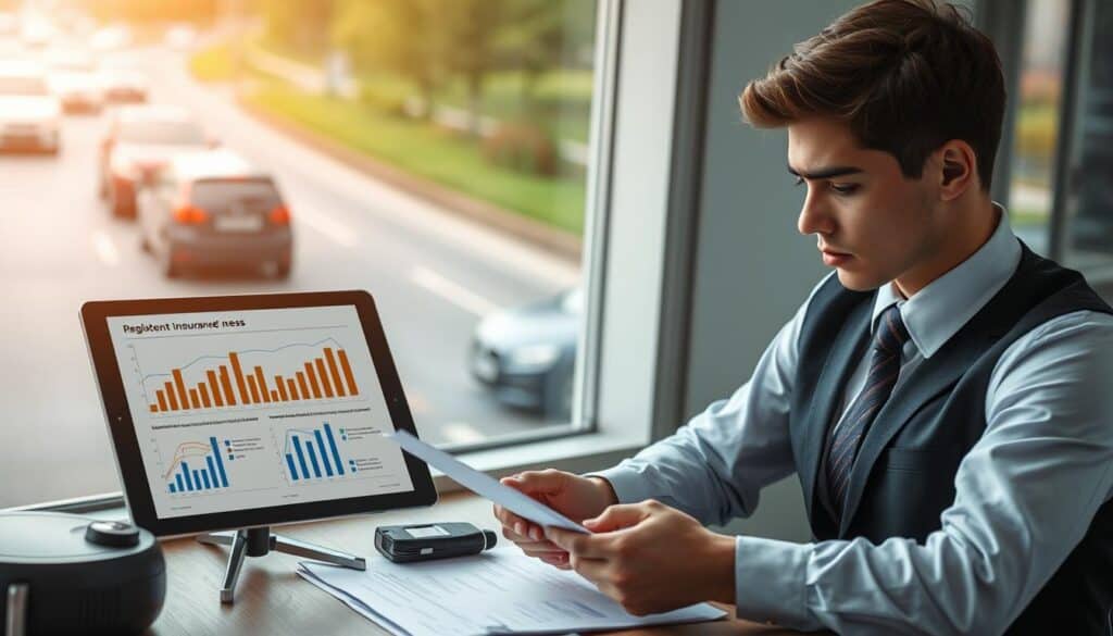 A professional setting illustrating the concept of automotive liability insurance (ubezpieczenie OC) and insurance regulations. In the foreground, a young business professional dressed in formal attire reviews documents at a desk, visibly concerned yet focused. The middle ground features a digital tablet displaying graphs and statistics regarding accident insurance claims. In the background, a blurred view of a busy road with cars, indicating the context of road accidents. Soft natural lighting streams through a nearby window, casting gentle shadows, creating a serious yet hopeful mood about the importance of insurance in road safety. The camera angle is slightly above eye level, providing a clear view of the professional and equipment.