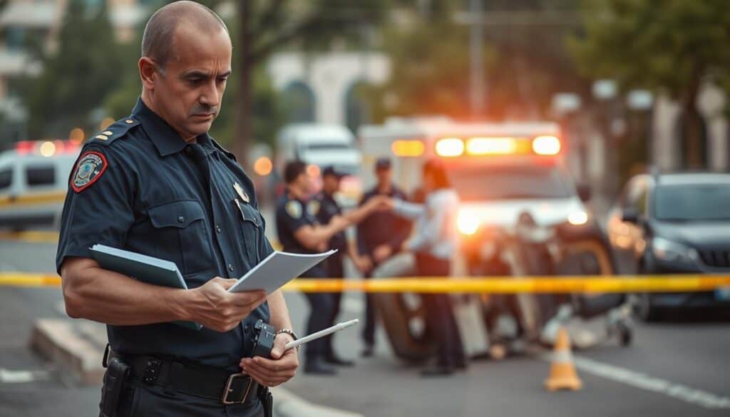 A scene capturing a police investigation at the site of a recent accident. In the foreground, a uniformed police officer, wearing a neat dark-blue uniform, examines evidence with a notebook in hand, focused and serious. In the middle, a small group of officers discusses findings, pointing towards an overturned vehicle, which is surrounded by caution tape. The background features a blurred urban setting, with emergency vehicles parked nearby and flashing lights casting a soft glow. The mood is tense yet methodical, reflecting the gravity of the situation. The image is illuminated by early morning light, creating long shadows and highlighting the officers' professional demeanor. Use a shallow depth of field to emphasize the foreground while softly blurring the background.
