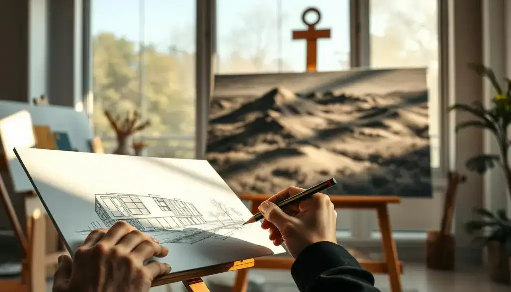 A serene artistic workspace showcasing the significance of aesthetics in shading. In the foreground, a skilled artist's hands delicately apply pencil shading to a detailed sketch of a modern building, emphasizing light and shadow. The middle ground features a large canvas displaying a beautifully shaded landscape, with varied tones and textures that showcase depth and dimension. The background incorporates soft, diffused natural light streaming through large windows, creating a warm, inviting atmosphere. The overall mood is one of creativity and precision, highlighting the importance of aesthetic choices in shading techniques. Use a slight wide-angle lens to capture the entire scene, enhancing the depth and clarity of the artwork.