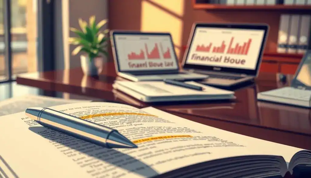 A visually engaging illustration of legal documents, specifically focusing on a section from the German Civil Code (BGB § 249), in a professional office setting. In the foreground, a detailed close-up of an open legal book with highlighted annotations and a gleaming silver pen resting on the pages. In the middle background, a polished wooden desk with a tasteful plant and a laptop displaying graphs related to financial losses. The atmosphere feels serious yet focused, with warm, natural lighting coming from a nearby window casting soft shadows. The overall color palette should convey a sense of professionalism, merging deep blues and muted earth tones, reflecting the weight of the topic at hand while inviting contemplation on the differences in calculating material and personal damages.