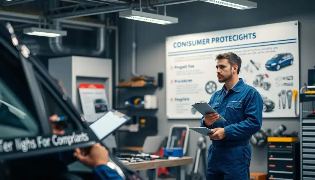A well-lit automotive workshop showcasing the concept of consumer rights in a car repair context. In the foreground, a professional technician dressed in a blue jumpsuit is inspecting a vehicle with a clipboard, looking thoughtful. The middle ground features a neatly organized workbench with tools and parts, symbolizing the repair process. In the background, a large poster on the wall illustrates key consumer protection principles, with images of car parts and tools, emphasizing the ‘Procedures for Complaints’ section. The atmosphere is informative and serious, with cool lighting that highlights the tools but maintains a professional ambiance. The overall composition focuses on trust and transparency in automotive repair processes, encouraging responsible consumer practices. A well-lit automotive workshop showcasing the concept of consumer rights in a car repair context. In the foreground, a professional technician dressed in a blue jumpsuit is inspecting a vehicle with a clipboard, looking thoughtful. The middle ground features a neatly organized workbench with tools and parts, symbolizing the repair process. In the background, a large poster on the wall illustrates key consumer protection principles, with images of car parts and tools, emphasizing the ‘Procedures for Complaints’ section. The atmosphere is informative and serious, with cool lighting that highlights the tools but maintains a professional ambiance. The overall composition focuses on trust and transparency in automotive repair processes, encouraging responsible consumer practices.