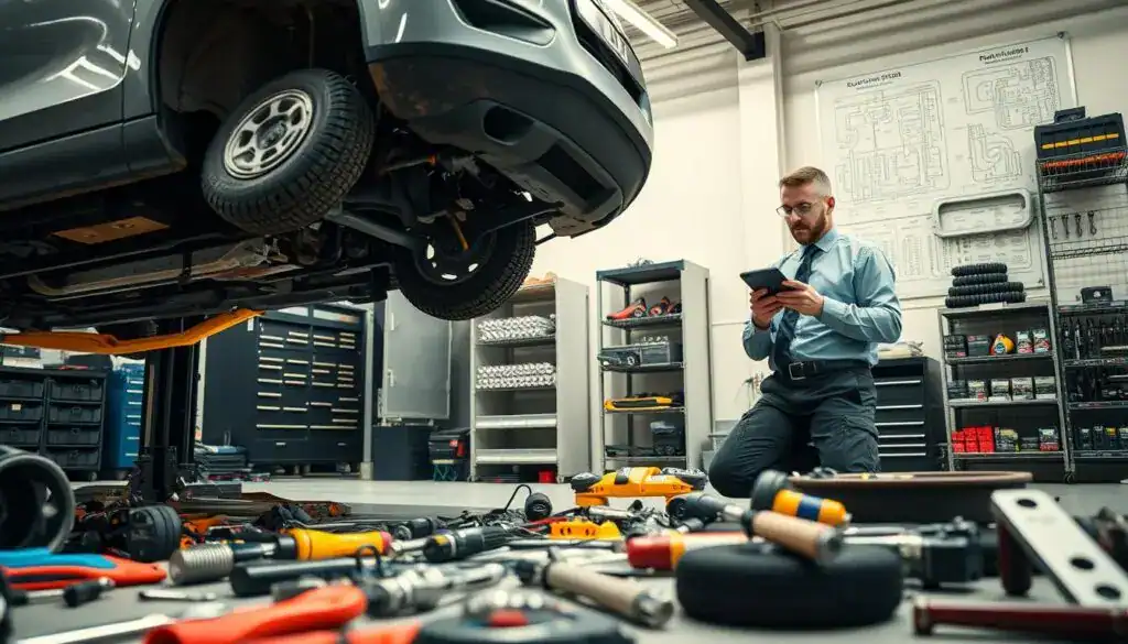 A busy automotive repair shop scene, featuring a skilled mechanic in professional business attire, examining the undercarriage of a car lifted on a hydraulic jack. The foreground displays various tools and parts scattered around, with a detailed view of the car's engine. In the middle ground, a technician consults a digital diagnostic device, analyzing the damage, immersed in thought. The background features shelves filled with spare parts and a wall-mounted chart displaying technical diagrams. Soft, industrial lighting creates a focused atmosphere, highlighting the intricate details of the repair work. The angle is slightly tilted, adding dynamism to the scene, conveying the urgency and precision involved in automotive repairs.
