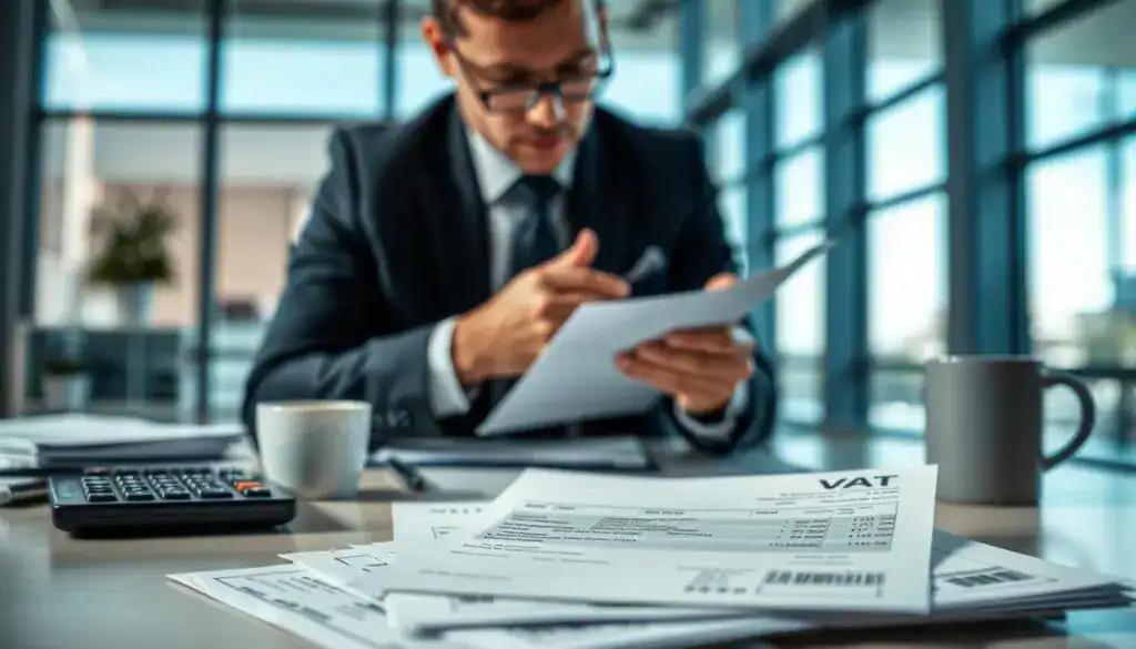 A close-up of a detailed tax invoice prominently featuring the phrase "VAT" in a professional office setting. In the foreground, a well-organized desk with neatly stacked invoices, a calculator, and a cup of coffee. The middle ground includes a business professional in smart attire, thoughtfully analyzing the documents, looking focused and engaged. The background shows a sleek, modern office with large windows letting in natural light, casting soft shadows that enhance the atmosphere of productivity. A sense of tension and anticipation fills the air, reflecting the critical moment of tax calculation. The lighting is bright yet soft, creating an inviting and professional mood without distractions. The composition is shot from a slightly elevated angle to capture both the subject and workspace cohesively.