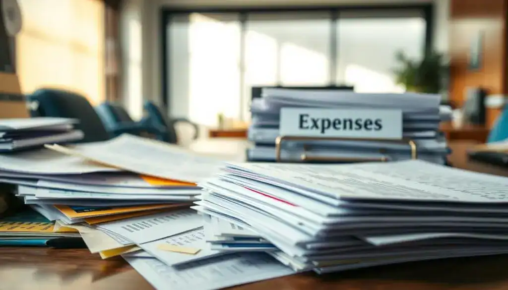 A cluttered desk featuring a stack of colorful invoices and detailed receipts in the foreground, highlighting various expenses. The middle ground displays an organized folder labeled 'Expenses' with neatly filed paperwork, representing careful financial management. In the background, a subtle hint of a professional office space, with soft natural lighting filtering through a window, casting gentle shadows that create a warm, inviting atmosphere. The image is captured at a slight angle, showcasing the texture of the paper and the variety of colors within the invoices, evoking a sense of diligence and responsibility in managing costs. The overall mood conveys professionalism and the importance of maintaining accurate financial records.