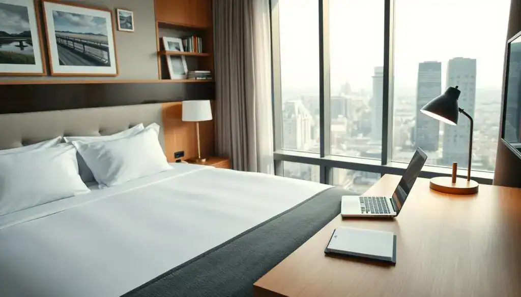 A cozy hotel room designed for business travelers, featuring a neatly made bed with crisp white linens and two elegant pillows. In the foreground, a wooden desk with a laptop and a notepad sits beside a stylish lamp, casting a warm light. On the wall, a large window reveals a view of a bustling cityscape, with soft daylight streaming in. In the background, there are shelves with neatly arranged books and framed photographs of serene landscapes, conveying a sense of tranquility. The atmosphere is professional yet inviting, with a color palette of soft blues, grays, and warm wood tones. This scene captures the essence of accommodation-related expenses in a business context.
