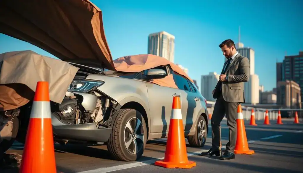 A damaged vehicle parked safely in an urban environment, surrounded by orange traffic cones and a protective cover to shield it from further harm. In the foreground, a concerned, professionally dressed individual inspects the vehicle, examining the visible damages. The middle ground features a backdrop of city buildings and a clear blue sky, suggesting a sunny afternoon. Soft shadows cast by the sun create a warm, reassuring atmosphere. The camera angle focuses on the car's side, highlighting the contrast between the undamaged and damaged areas. This image should evoke a sense of urgency and care, illustrating the importance of protecting a vehicle after an accident.