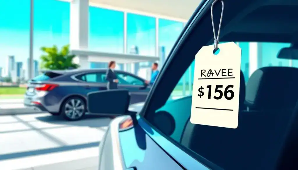 A detailed illustration depicting the concept of reasonable car rental costs. In the foreground, a sleek, modern car parked in a well-lit urban environment, showcasing a price tag hanging from the rearview mirror with a reasonable rental rate. The middle layer features a stylish dealership office with a friendly customer service representative in professional attire discussing rental options with a potential customer. The background displays a clear blue sky and a city skyline, symbolizing accessibility and convenience. The lighting is bright and inviting, creating a professional yet relaxed atmosphere. Capture this scene from a slightly elevated angle to highlight the interaction while framing the car prominently, emphasizing the theme of sensible expenses.