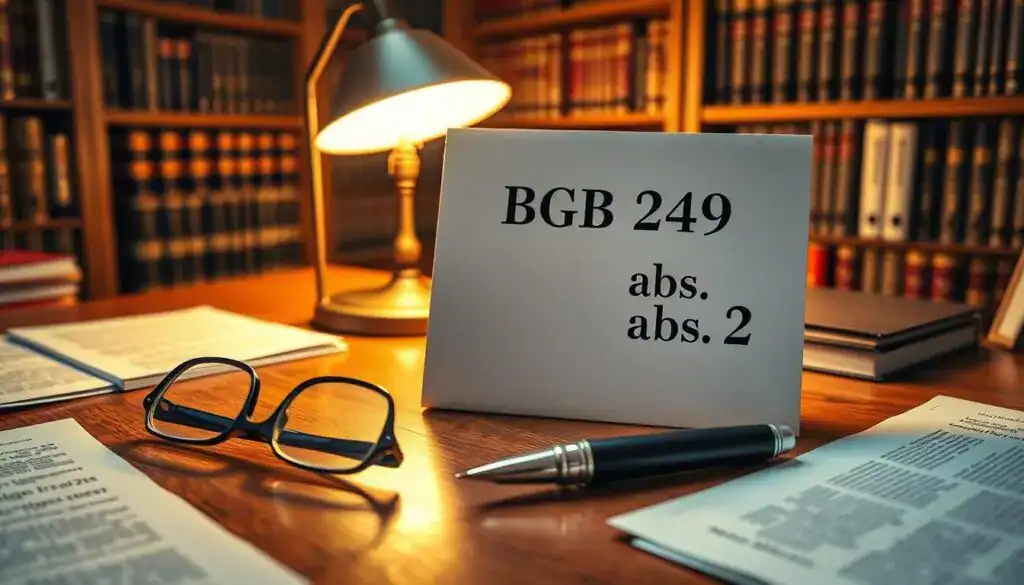 A detailed illustration of the German legal text "BGB 249 abs. 2" prominently displayed on a polished wooden desk, with papers and legal documents scattered around it. In the foreground, a set of reading glasses rests beside a fountain pen, emphasizing a scholarly atmosphere. In the middle, a softly lit desk lamp casts a warm glow over the text, creating a focused area. In the background, a bookshelf filled with law books and legal journals hints at extensive legal research. The mood is serious and contemplative, reflecting the weight of legal interpretations influencing financial decisions. The lighting is warm, and the angle gives a slight overhead view to capture the depth of the scene. The image has no text or watermarks.