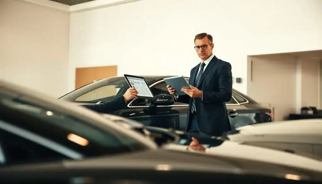 A detailed, professional automotive valuation scene depicting the "value of a vehicle before damage" concept. In the foreground, show a well-maintained modern car, gleaming under soft, natural lighting, emphasizing its premium features. In the middle ground, include a business professional in a suit, examining the car with a serious expression, holding a tablet displaying data on car valuations. The background should be a clean, neutral-toned office or dealership environment, giving a corporate feel. Soft shadows enhance the depth and realistic perspective, while a wide-angle lens captures the entire scene, creating a focus on both the vehicle and the professional. The atmosphere is serious yet informative, suggesting a meticulous valuation process.