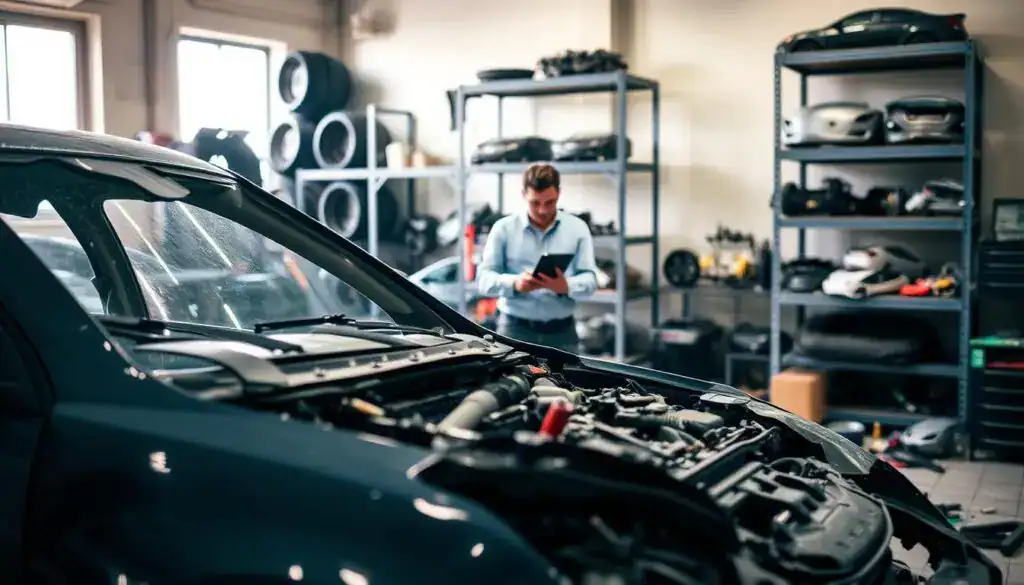 A detailed scene depicting a damaged car in a workshop setting, showcasing the concept of residual value after a total loss. In the foreground, the focus is on a partially dismantled vehicle with visible damage, surrounded by tools and repair equipment. In the middle ground, a mechanic wearing professional attire examines the vehicle's parts, highlighting the assessment process. The background features shelves filled with car components and spare parts, creating a busy workshop atmosphere. Soft, natural lighting filters through a window, casting a warm glow on the scene. The overall mood conveys a sense of diligence and professionalism, emphasizing the importance of evaluating a vehicle's condition after an accident.