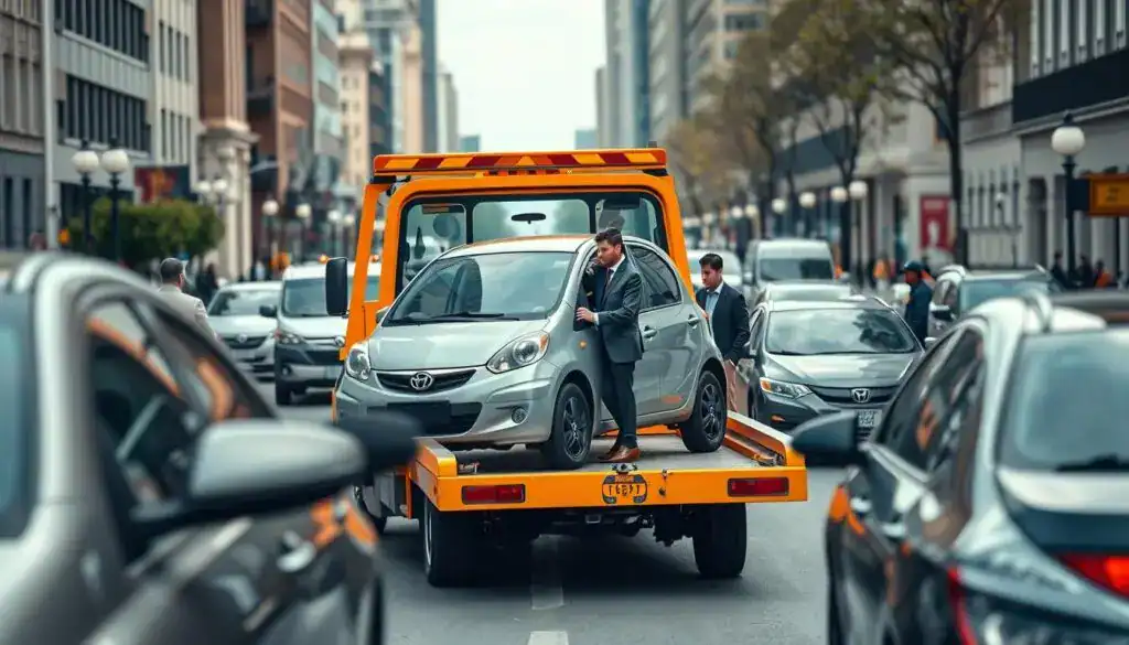 A detailed scene depicting a vehicle towing operation on a busy urban street. In the foreground, a professional tow truck, brightly colored, is hooked to a compact car, showcasing the intricate towing mechanism. The drivers are dressed in smart business attire, focused on the task at hand, reflecting a sense of urgency and professionalism. In the middle ground, other vehicles await around the scene, with a backdrop of city buildings, street lamps, and pedestrians observing the operation. Soft, natural lighting creates a clear and vibrant atmosphere, enhancing the realism. The angle is slightly elevated to capture the entire scene, with a focus on the interaction between the tow truck and the vehicle being retrieved.