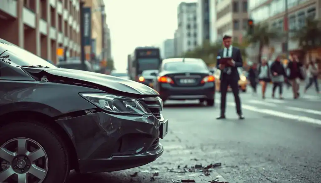 A dynamic scene depicting a car accident's aftermath, illustrating the history of a damaged vehicle. In the foreground, a crumpled, dented sedan, with visible scratches and broken glass, symbolizes its challenging past. The middle ground features an insurance agent in professional business attire, examining the vehicle with a clipboard, conveying diligence and expertise. In the background, a city street setting with blurred traffic and pedestrians represents the bustling market context. Soft, natural lighting casts gentle shadows, creating a somber yet thoughtful mood. The angle is slightly elevated, providing a clear view of the vehicle and the agent, focusing on the relationship between the car's history and its impact on market perception.