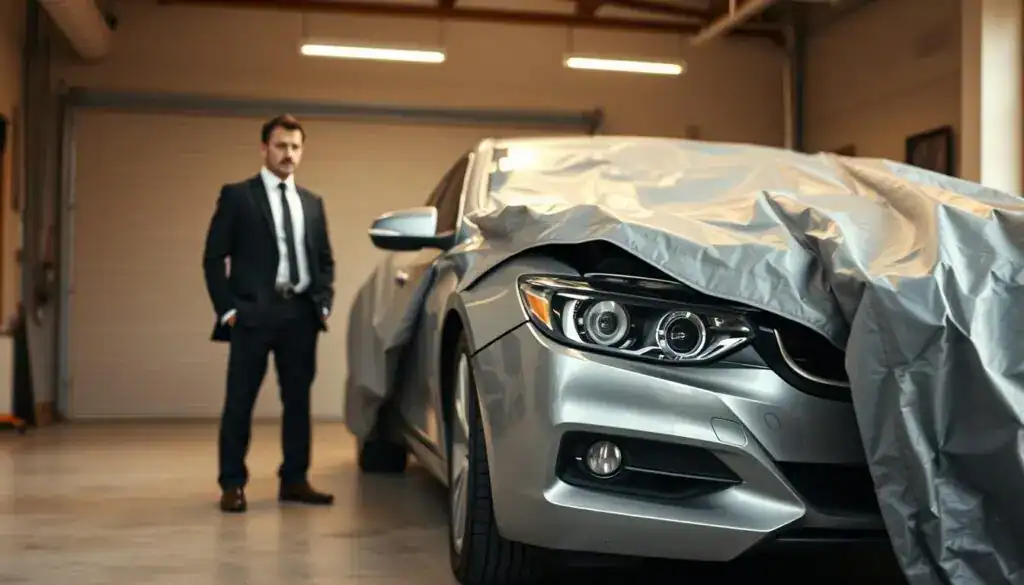 A focused view of a damaged vehicle in a secure environment, showcasing the responsibilities of a vehicle owner. In the foreground, a concerned business professional in formal attire stands beside the car, inspecting the damage. The middle ground features a protective cover partially draped over the vehicle, symbolizing the owner's obligation to protect it from further harm. In the background, a serene garage setting with warm, soft lighting creates a mood of responsibility and care. The angle captures the vehicle and the owner from a slightly elevated perspective, emphasizing the relationship between the owner and the damaged car. The overall atmosphere conveys diligence and the importance of safeguarding the property.