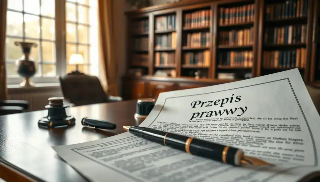 A legal document titled "przepis prawny" prominently displayed in the foreground, partially opened on a polished wooden desk, revealing fine details such as cursive text and elegant borders. Beside it, a black ink fountain pen rests next to an antique ink pot, conveying a sense of professionalism. In the middle ground, soft natural light spills in through a large window, illuminating a library with shelf-lined books, suggesting depth and knowledge. In the background, a sophisticated yet serene office space creates an atmosphere of focus and authority. The overall mood is reflective and serious, inviting contemplation on legal matters and potential difficulties in claims for repair costs. The image is well-composed with a slight depth of field, giving a sense of intimacy to the workspace.