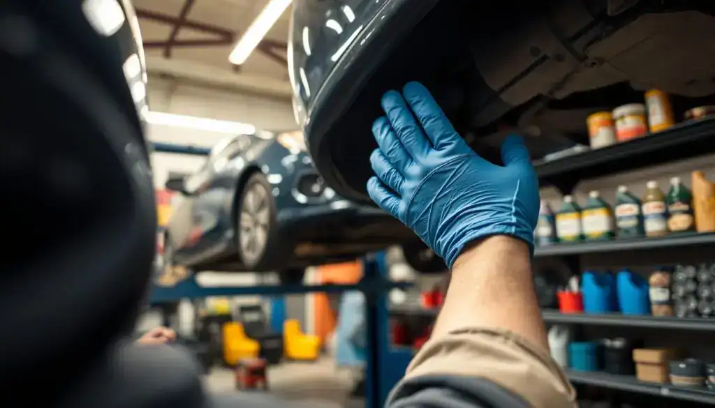 A mechanic diligently working on a car in a well-lit auto repair shop. In the foreground, a close-up of the mechanic's hands, wearing blue gloves, carefully examining the vehicle’s engine compartment. In the middle ground, the car is raised on a hydraulic lift, with various tools and parts organized on a nearby workbench. The background features shelves filled with oil cans and spare parts, illuminated by warm, overhead fluorescent lights. The atmosphere is focused and industrious, showcasing the mechanic's expertise and dedication to resolving technical issues. The angle captures both the mechanic’s determination and the intricacies of car repair, conveying a sense of professionalism and attention to detail.