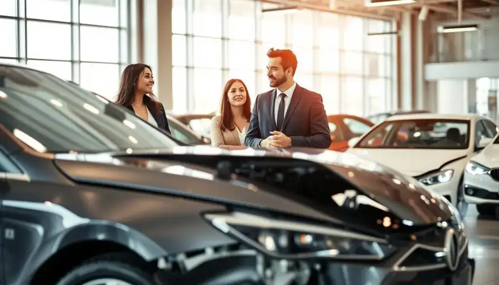 A modern car showroom, showcasing a sleek, post-accident vehicle prominently in the foreground, with visible signs of repair but attractive enough to be considered for purchase. In the middle ground, two diverse consumers in professional business attire are discussing the car, engaging in a thoughtful conversation, with expressions reflecting curiosity and contemplation. The background features a bright, well-lit ambiance with large glass windows illuminating the space, creating a welcoming atmosphere. A soft focus on other repaired vehicles can be seen, exhibiting how public perception of accident-damaged cars is changing. The scene conveys a sense of evolving attitudes toward purchasing such vehicles, with an emphasis on quality, value, and safety. The overall mood is optimistic and insightful, captured through a slightly elevated camera angle for a dynamic perspective.