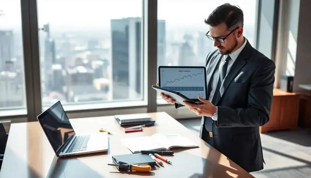 A modern office environment featuring a professional consultant analyzing repair timelines on a sleek digital tablet. In the foreground, the consultant, dressed in smart business attire, is focused intently on the tablet's screen, which displays technical graphs and numerical data related to repair estimates. In the middle ground, an elegant desk with a laptop, technical manuals, and repair tools is visible, highlighting the intersection of technology and repair assessments. The background features a large window with a view of a cityscape, allowing natural light to flood the room, creating an atmosphere of productivity and innovation. Soft shadows enhance the depth and draw attention to the subject, while keeping the overall mood professional and inviting. A modern office environment featuring a professional consultant analyzing repair timelines on a sleek digital tablet. In the foreground, the consultant, dressed in smart business attire, is focused intently on the tablet's screen, which displays technical graphs and numerical data related to repair estimates. In the middle ground, an elegant desk with a laptop, technical manuals, and repair tools is visible, highlighting the intersection of technology and repair assessments. The background features a large window with a view of a cityscape, allowing natural light to flood the room, creating an atmosphere of productivity and innovation. Soft shadows enhance the depth and draw attention to the subject, while keeping the overall mood professional and inviting.