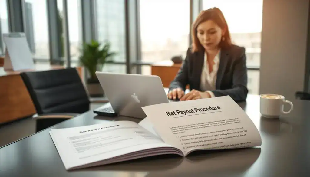 A modern office setting depicting a professional businesswoman, dressed in smart attire, reviewing paperwork on a sleek desk. In the foreground, a document titled “Net Payout Procedure” is open, with detailed steps visible, emphasizing clarity. The middle ground features the businesswoman's focused expression as she types on a laptop, with a calculator and a cup of coffee nearby, creating a sense of productivity. In the background, there are large windows allowing natural light to pour in, illuminating the space and creating a vibrant atmosphere. The composition should have a slight depth-of-field effect to emphasize the subject while softly blurring the background, conveying a mood of efficiency and professionalism.