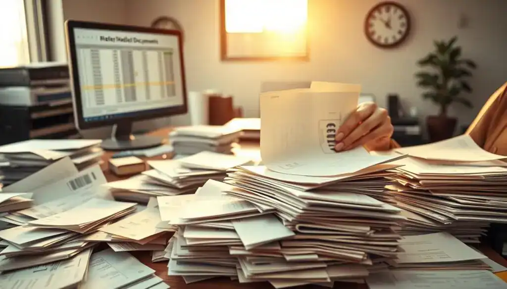 A modern office setting with a cluttered desk featuring stacks of outdated receipts, invoices, and bills in varying sizes and colors. In the foreground, a pair of hands in professional attire are sorting through the papers, looking contemplative. The middle ground shows a computer monitor displaying a financial spreadsheet, while a wall clock in the background indicates it’s late afternoon, casting warm golden light across the scene. Soft shadows create depth, enhancing the mood of diligence and concern. The overall atmosphere suggests a need for organization and careful consideration of financial records, highlighting the importance of managing outdated documents effectively. No text or distractions in the image.