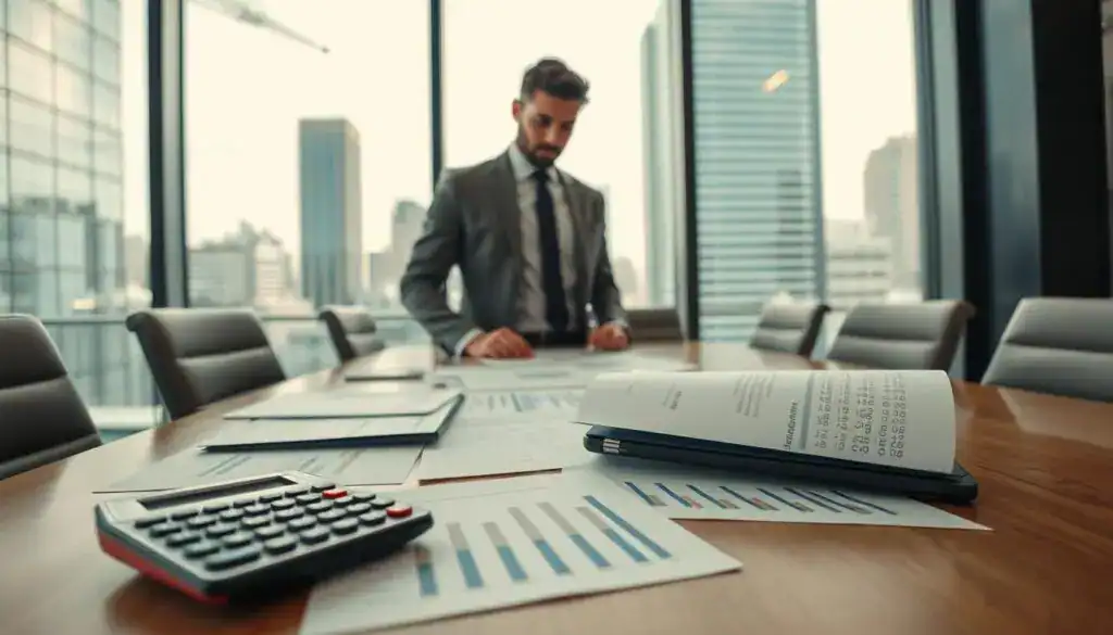 A professional accountant standing at a modern conference table covered with financial documents, including detailed cost estimate papers and graphs, under soft, natural lighting. In the foreground, a handwritten calculator rests beside the documents, showcasing figures relevant to a cost analysis. The middle ground features the accountant—wearing formal business attire, focused, analyzing the paperwork with a thoughtful expression. In the background, large windows reveal a cityscape, suggesting a vibrant corporate environment. The entire scene conveys a mood of diligence and professionalism, emphasizing the importance of choosing the right method for financial settlement. The angle is slightly above eye level, providing a comprehensive view of both the accountant and the documents.