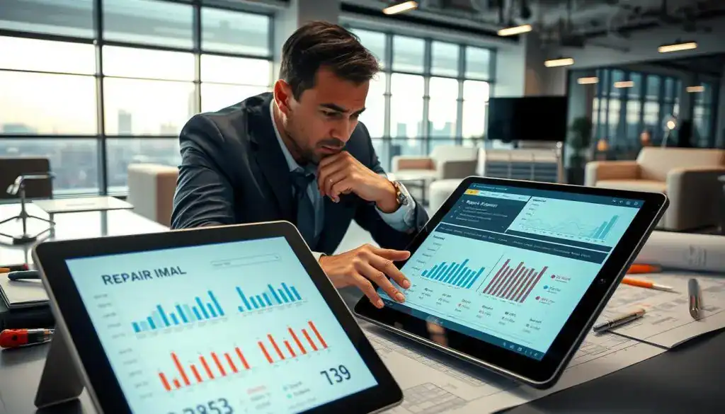 A professional and sophisticated scene depicting a technical expert, wearing business attire, meticulously analyzing detailed repair data on a digital tablet. In the foreground, close-up of the tablet screen showcasing graphs, timelines, and repair estimates, emphasizing precision. In the middle, the expert is deep in thought, with focused eyes, surrounded by an array of engineering tools and blueprints scattered across a modern workspace. The background features a well-lit office environment with sleek furniture, large windows allowing natural light, and a city skyline view. The atmosphere is serious and analytical, conveying the importance of accuracy in assessing repair times rather than guessing. Soft, ambient lighting enhances the professional mood, and the overall composition reflects a high-tech setting. A professional and sophisticated scene depicting a technical expert, wearing business attire, meticulously analyzing detailed repair data on a digital tablet. In the foreground, close-up of the tablet screen showcasing graphs, timelines, and repair estimates, emphasizing precision. In the middle, the expert is deep in thought, with focused eyes, surrounded by an array of engineering tools and blueprints scattered across a modern workspace. The background features a well-lit office environment with sleek furniture, large windows allowing natural light, and a city skyline view. The atmosphere is serious and analytical, conveying the importance of accuracy in assessing repair times rather than guessing. Soft, ambient lighting enhances the professional mood, and the overall composition reflects a high-tech setting.