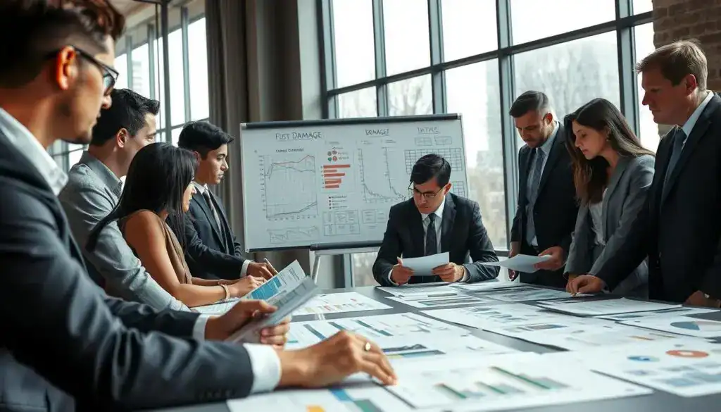 A professional business environment focusing on understanding the full scope of damage and compensation. In the foreground, a diverse group of individuals in formal business attire, engaged in a serious discussion around a large table. Each person is intently reviewing documents and charts, showcasing graphs and diagrams of damage assessment. In the middle ground, a whiteboard filled with detailed notes and data points about the damage process. In the background, large windows allow natural light to flood the room, enhancing the mood of collaboration and focus. The overall atmosphere is one of professionalism and urgency, emphasizing the importance of grasping the complexities of damage for effective compensation strategies.