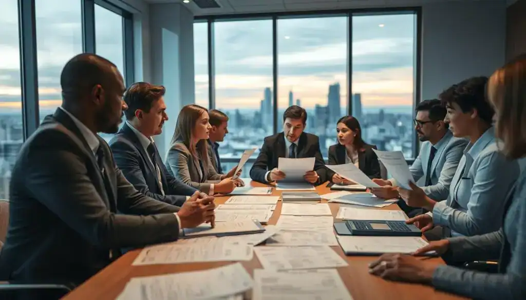 A professional business meeting taking place in a modern conference room. In the foreground, a diverse group of individuals in formal business attire discuss documents, some analyzing sheets showing accommodation costs and compensation claims. The middle layer features a large table covered with various paperwork, including invoices for hotel stays and compensation forms. In the background, a large window offers a view of a city skyline during the twilight hour, casting a warm, ambient glow in the room. Soft, diffused lighting creates a serious yet optimistic atmosphere, emphasizing the importance of accurate representation of expenses in the compensation process. The focus is clear, with a slightly blurred background to draw attention to the participants and their discussions.