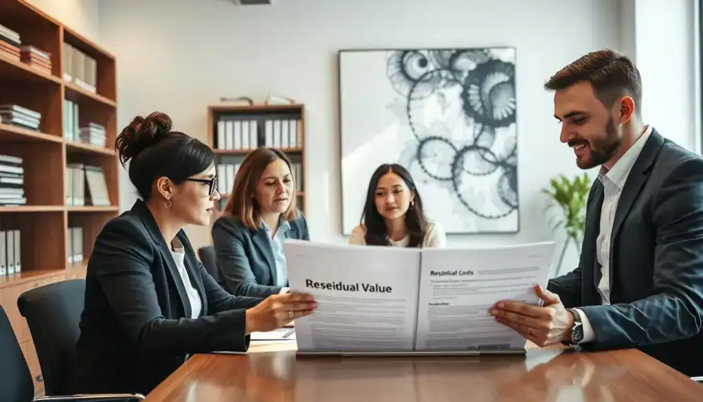 A professional business meeting taking place in a sleek, modern office environment. In the foreground, a diverse group of three professionals in business attire are gathered around a conference table, examining a multi-page report titled "Residual Value Assessment." The middle layer features a large window with sunlight streaming in, casting soft shadows across the table. Behind them, shelves filled with well-organized financial records and a large, abstract art piece on the wall provide context. The overall atmosphere is focused and analytical. The lighting is bright but warm, providing a welcoming yet serious ambiance. Capture the intensity of the discussion, showing the individuals deeply engaged in the topic of residual costs.