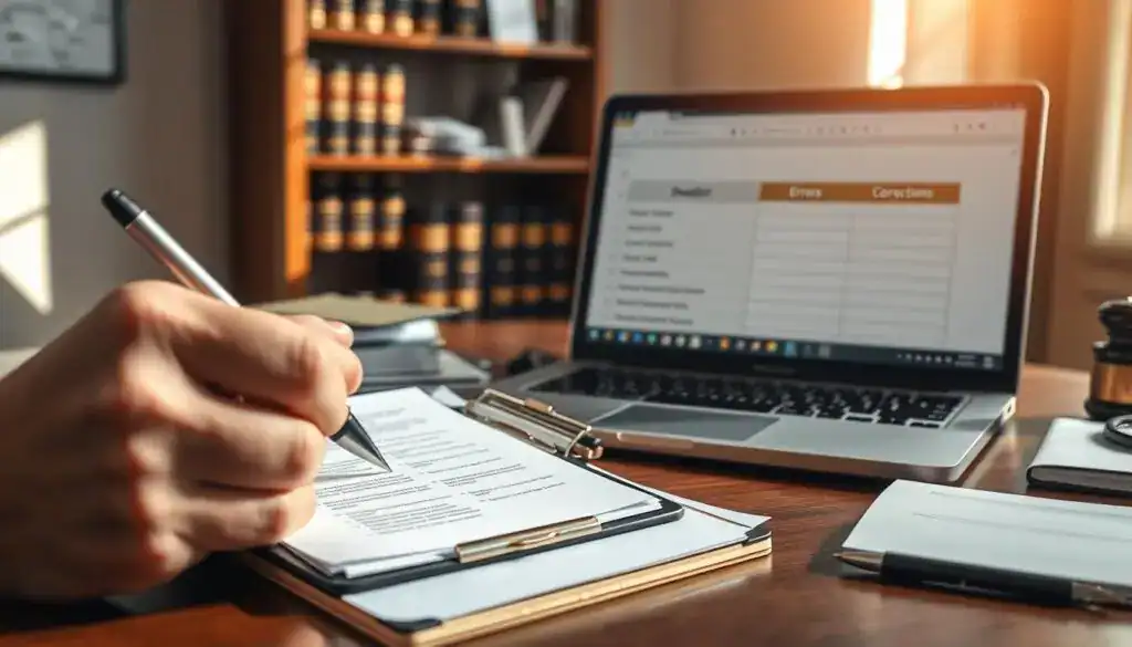 A professional business setting featuring a well-organized desk with essential documentation, such as a checklist of common documentation errors. In the foreground, a detailed view of a hand holding a pen poised over a clipboard filled with notes, emphasizing the importance of careful record-keeping. In the middle, a laptop screen displaying a spreadsheet with columns labeled "Errors" and "Corrections" to symbolize analysis and improvement. The background includes a neatly arranged bookshelf with legal books and a calendar, creating a sense of order and professionalism. Warm, natural lighting streaming from a nearby window casts soft shadows, enhancing the serious yet focused mood of responsibility in documentation. The overall atmosphere should evoke diligence and thoroughness in managing obligations accurately.