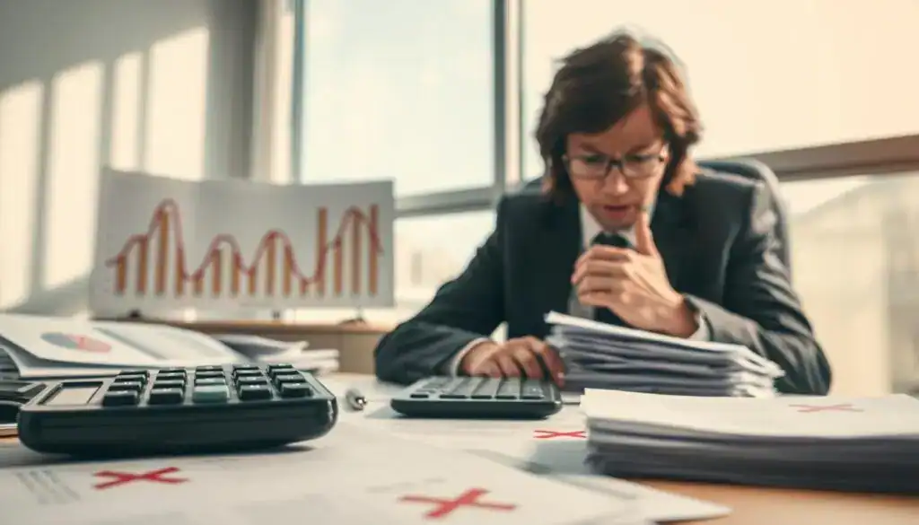 A professional business setting, highlighting a distressed office worker, seated at a desk cluttered with financial documents and a calculator, their face expressing concern over a calculation error. In the foreground, a close-up of a calculator displaying an incorrect figure, surrounded by papers marked with red crosses. In the middle ground, charts depicting declining financial trends and piles of rejected claims signify the consequences of poor calculations. The background features a large window letting in soft, natural light, casting gentle shadows, creating a serious but introspective atmosphere. The mood conveys urgency and the importance of accurate financial assessments in determining compensation levels. The office worker is dressed in smart business attire, emphasizing professionalism amidst the challenging situation.