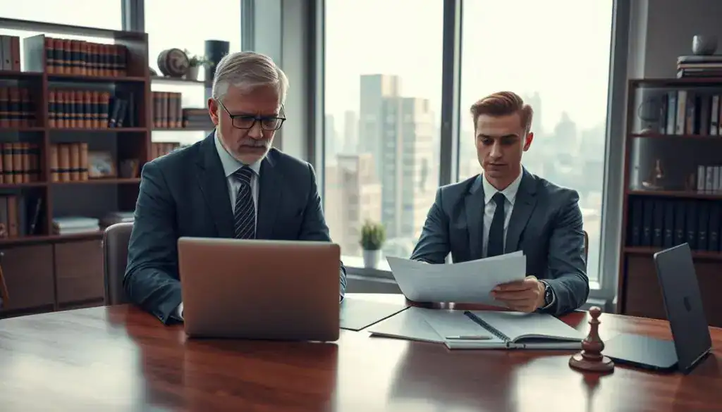 A professional legal office scene depicting a serious consultation between an insurance adjuster and a concerned client. In the foreground, showcase the adjuster, a middle-aged individual in a tailored suit, reviewing documents on a sleek wooden desk with a laptop open. The client, a young adult in business casual attire, appears anxious yet attentive, seated across from the adjuster. In the middle background, include shelves filled with law books and relevant legal decor, creating an environment of professionalism. Soft, natural lighting filters through large office windows, casting warm tones on the subjects, enhancing the mood of focused discussion. A large window offers a glimpse of a cityscape, providing context to the legal proceedings. The atmosphere is tense but hopeful, illustrating the importance of accurate claim assessments and consequences of negligence.