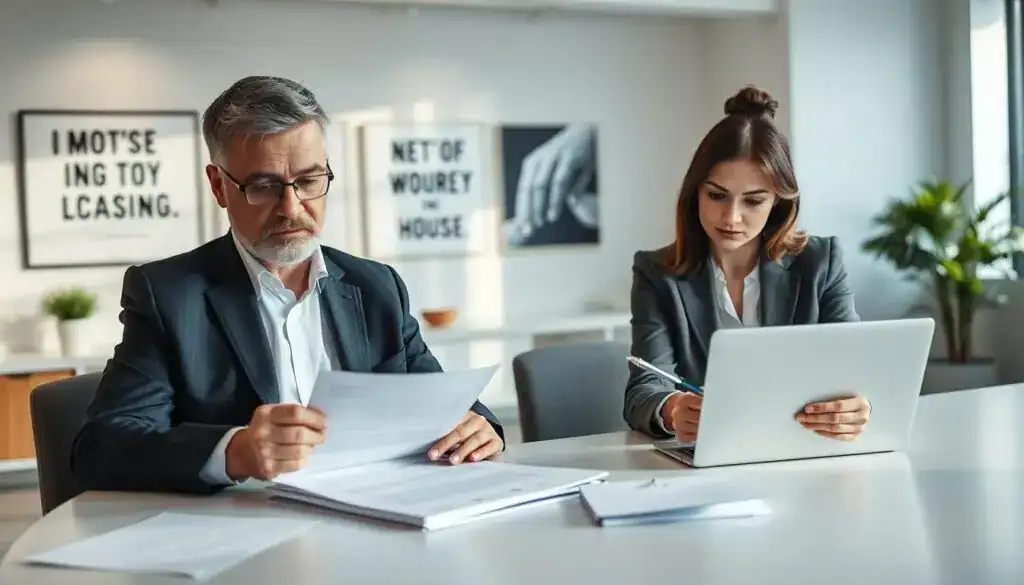 A professional meeting between a claims adjuster and a policyholder in a modern office setting, showcasing collaboration on an insurance claim. In the foreground, the claims adjuster, a middle-aged man in a sharp suit, looks attentively at documents spread on the table, while the policyholder, a woman in business attire, reviews her own papers with a focused expression. The middle ground features a sleek conference table and a laptop, symbolizing the partnership in assessing insurance costs. The background reveals a bright, minimalist office with motivational artwork and large windows letting in natural light, creating a warm and professional atmosphere. The image captures a sense of trust and professionalism, conveying the seriousness of the claims process.