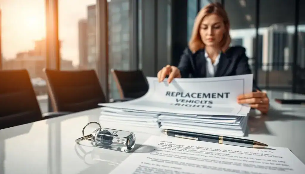 A professional office environment featuring a modern, sleek conference table in the foreground with a clear glass car key neatly placed next to a stack of legal documents and a pen. In the middle ground, a serious-looking businesswoman in professional attire is discussing with a colleague, pointing at a document titled "Replacement Vehicle Rights" with a thoughtful expression. In the background, large windows reveal a cityscape bathed in soft afternoon light, adding warmth to the atmosphere. The overall mood is one of professionalism and focus, emphasizing the importance of legal rights related to car replacement. The angle is slightly elevated to capture both the details of the table and the expressions of the individuals engaged in discussion. A professional office environment featuring a modern, sleek conference table in the foreground with a clear glass car key neatly placed next to a stack of legal documents and a pen. In the middle ground, a serious-looking businesswoman in professional attire is discussing with a colleague, pointing at a document titled "Replacement Vehicle Rights" with a thoughtful expression. In the background, large windows reveal a cityscape bathed in soft afternoon light, adding warmth to the atmosphere. The overall mood is one of professionalism and focus, emphasizing the importance of legal rights related to car replacement. The angle is slightly elevated to capture both the details of the table and the expressions of the individuals engaged in discussion.