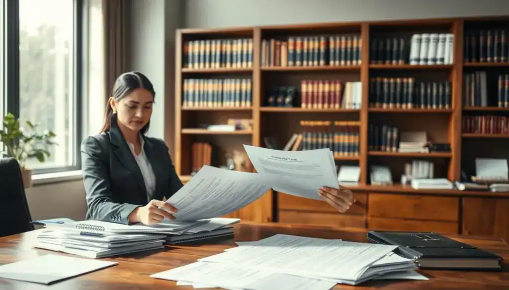 A professional office environment illustrating the concept of "compensation for loss of value." In the foreground, a confident businesswoman in formal attire studies a financial report, her expression reflecting concern. In the middle ground, a large wooden desk is cluttered with documents related to insurance claims and property damage assessments. The background features shelves filled with books on insurance law and financial recovery, softly blurred to create depth. Natural light streams through a large window, casting soft shadows and creating a warm, yet serious atmosphere. The lens captures the scene from a slightly elevated angle, emphasizing the importance of the subject matter while maintaining a professional vibe. The overall mood conveys a sense of diligence and the weight of financial responsibility.