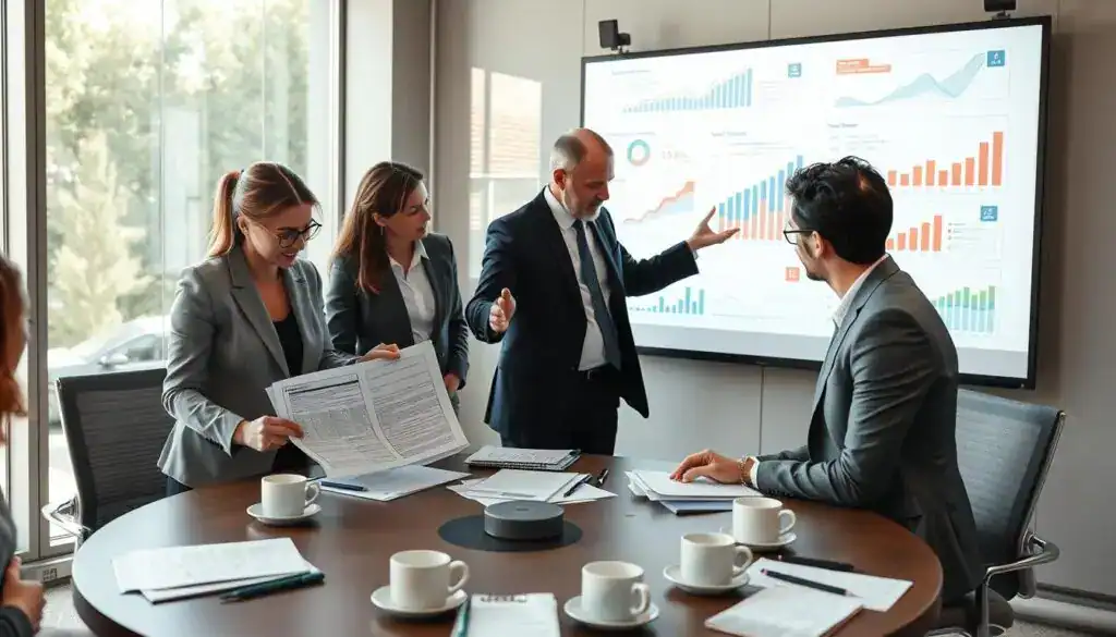 A professional office scene depicting a team of diverse business professionals engaged in a collaborative meeting over financial documents and contracts, emphasizing the concept of “Rozliczenie umowne.” In the foreground, a woman wearing a sharp blazer examines a detailed spreadsheet on a laptop, while a man in a formal suit gestures towards a large wall-mounted projection showing charts and graphs. In the middle ground, a round conference table filled with papers, pens, and coffee cups creates an inviting atmosphere. The background features glass windows allowing natural light to pour in, giving a bright and productive feel. The setting conveys a mood of focus and professionalism, underscoring the importance of cooperation among experts for successful financial calculations.