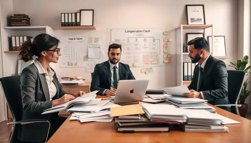 A professional office scene focusing on the meticulous process of gathering documentation for a compensation claim. In the foreground, a diverse group of two business professionals, a woman and a man, both dressed in smart business attire, are seated at a modern desk cluttered with files, forms, and a laptop. They are engaged in a discussion, highlighting their teamwork. In the middle ground, a wall-mounted board is filled with sticky notes, charts, and a flow chart illustrating the claims process. In the background, soft lighting creates a professional atmosphere, with shelves displaying legal books and framed certificates. A warm color palette evokes a sense of diligence and seriousness, with a focus on the importance of thorough documentation. The scene is captured with a slight depth of field, emphasizing the subjects while softly blurring the background.