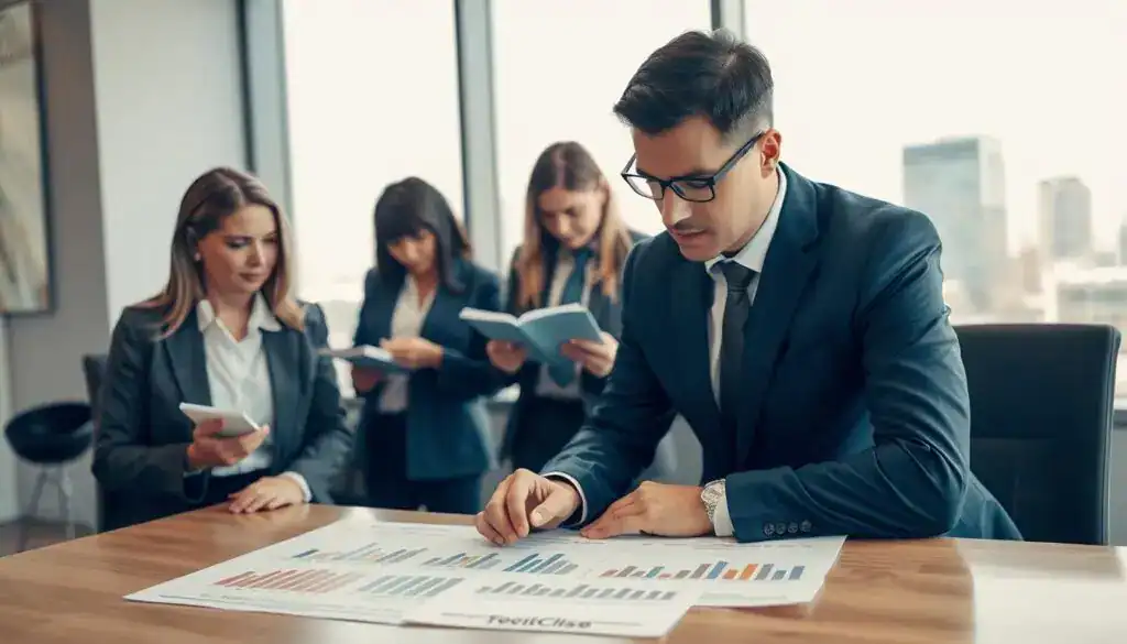 A professional office setting depicting a group of business people engaged in a discussion about vehicle compensation. In the foreground, a well-dressed man and woman are examining documents and charts on a table, showcasing graphs that indicate financial loss due to lack of a replacement vehicle. The middle ground features additional colleagues taking notes and reviewing policies. In the background, a large window reveals cityscape views, with soft, natural lighting illuminating the space to create a warm, inviting atmosphere. The camera angle is slightly elevated, giving a broader perspective of the collaboration and determination among the team as they address the essential principles of compensation. The overall mood is focused and serious, emphasizing the importance of the discussion. A professional office setting depicting a group of business people engaged in a discussion about vehicle compensation. In the foreground, a well-dressed man and woman are examining documents and charts on a table, showcasing graphs that indicate financial loss due to lack of a replacement vehicle. The middle ground features additional colleagues taking notes and reviewing policies. In the background, a large window reveals cityscape views, with soft, natural lighting illuminating the space to create a warm, inviting atmosphere. The camera angle is slightly elevated, giving a broader perspective of the collaboration and determination among the team as they address the essential principles of compensation. The overall mood is focused and serious, emphasizing the importance of the discussion.