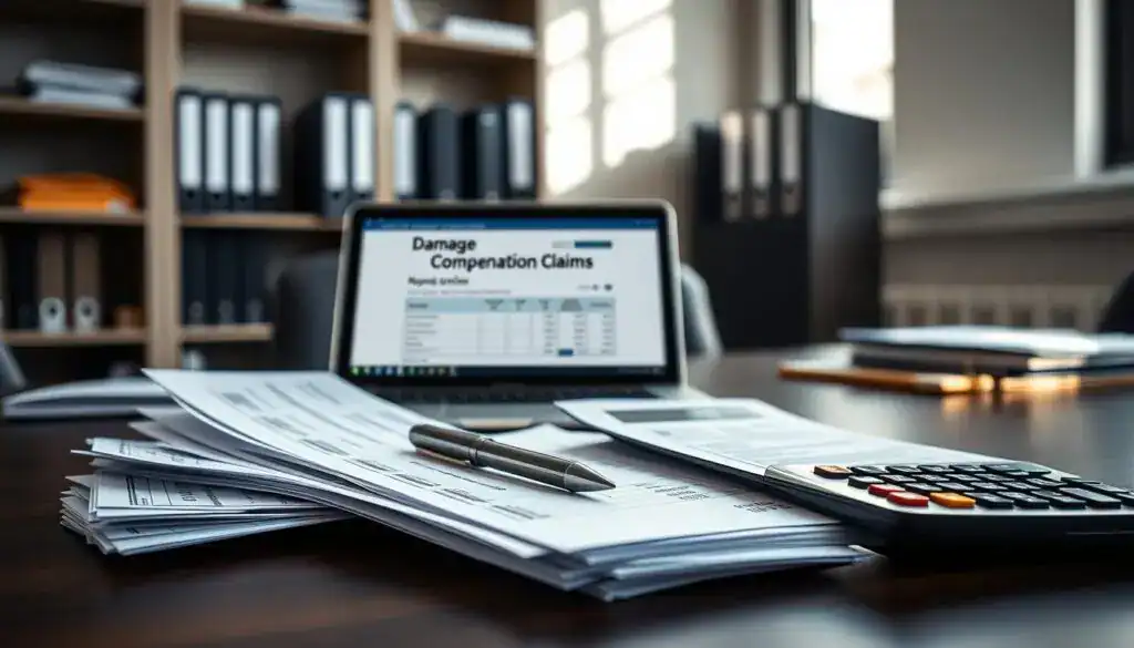 A professional office setting featuring a close-up view of a neatly organized desk. In the foreground, there’s a stack of receipts and invoices, meticulously arranged alongside a pen and a calculator, suggesting activity around expense reporting. In the middle, a laptop is open, displaying a document titled "Damage Compensation Claims" with an editable form visible. In the background, blurred shelves filled with files and folders create a sense of professionalism. Soft natural light filters through a nearby window, casting gentle shadows that enhance the workspace atmosphere. The mood is focused and serious, capturing the importance of maintaining records while also conveying a sense of organization and diligence in financial matters.
