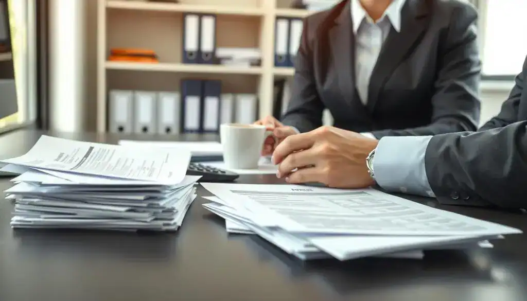 A professional office setting, featuring a neatly organized desk with a stack of documents and receipts. In the foreground, a pair of hands, clad in smart business attire, are sorting through various invoices and paperwork, highlighting the importance of maintaining records for material damage claims. The middle of the scene shows a calculator and a cup of coffee, symbolizing diligence and focus. The background includes shelves filled with folders and files, emphasizing a well-managed workspace. Soft, natural lighting comes from a nearby window, creating a calm and focused atmosphere, and capturing a sense of responsibility and accountability. The overall mood is serious yet organized, suggesting preparation for a formal claims process.