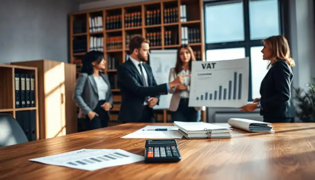 A professional office setting highlighted by a large wooden desk in the foreground, covered with financial documents and a calculator, representing VAT laws. In the middle ground, a diverse group of three business professionals in smart casual attire are engaged in discussion, with one person pointing at a chart showing recent changes in VAT regulations in Germany. The background features a sleek bookshelf filled with legal books and a window allowing natural light to illuminate the room, creating a warm yet focused atmosphere. Soft shadows emphasize the seriousness of the discussion, while a subtle lens blur adds depth. The overall mood is analytical and collaborative, capturing the essence of modern VAT legislation discussions in Germany.