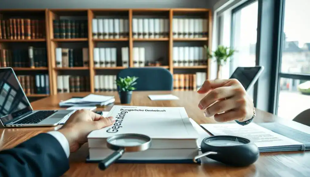 A professional office setting showcasing the "Bürgerliches Gesetzbuch" prominently displayed on a wooden desk, surrounded by essential items like a laptop, legal documents, and a magnifying glass. In the foreground, a pair of hands wearing business attire is carefully examining and organizing the legal texts, symbolizing the importance of securing technical evidence. The middle ground features shelves lined with law books and a small potted plant for a touch of life. In the background, a large window lets in soft, natural light, creating a warm and focused atmosphere. The image should convey a sense of seriousness and diligence, highlighting the complexities and potential consequences of repair without thorough examination. Capture the scene with a soft focus lens effect for a professional, polished feel.