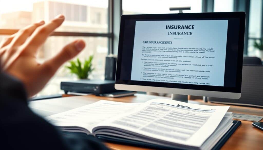 A professional office setting with a focus on a modern desk and a computer screen displaying a detailed insurance document. In the foreground, a hand is gesturing towards the screen, symbolizing the decision-making process regarding car insurance claims in case of an accident. The middle ground features an open folder with neatly organized paperwork related to vehicle repairs and insurance policies. The background showcases a large window with natural light streaming in, creating a warm, inviting atmosphere. Soft focus on the background elements to emphasize the importance of quality repairs and clear communication in insurance matters. Use a slight depth of field effect to draw attention to the foreground elements. The mood should be serious yet optimistic, reflecting professionalism and trust.