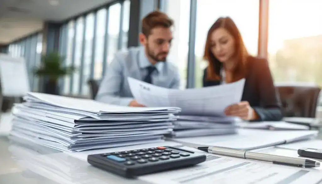 A professional office setting with a focus on tax declaration documents. In the foreground, neatly arranged stacks of tax forms, accompanied by a calculator and a pen, reflecting a sense of meticulous organization. The middle ground features a pair of business professionals, both dressed in smart business attire, collaborating over the documents, their expressions focused and engaged. The background shows a modern office with large windows allowing soft, diffused natural light to illuminate the scene, creating a calm and professional atmosphere. The overall mood should convey diligence and responsibility in tax compliance, highlighting the importance of accurate reporting. Shot with a slight depth of field for emphasis on the documents, capturing the essence of tax control and VAT processes.